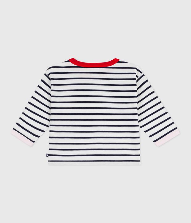 Babies' long sleeved cotton T-shirt with Breton stripes white/blue