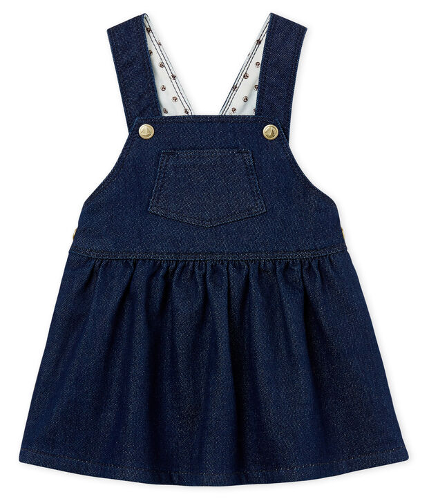 Baby girls' dungaree dress in denim look jersey blue/beige