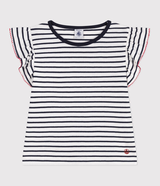 Children's short-sleeved stripy cotton T-shirt MARSHMALLOW white/SMOKING blue