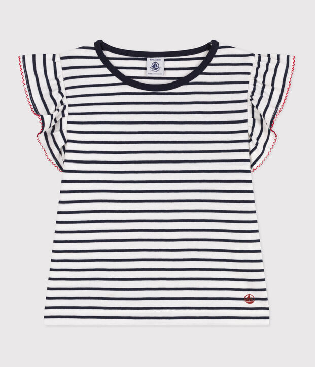 Children's short-sleeved stripy cotton T-shirt white/blue