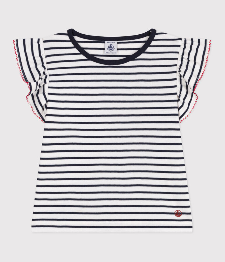 Children's short-sleeved stripy cotton T-shirt white/blue