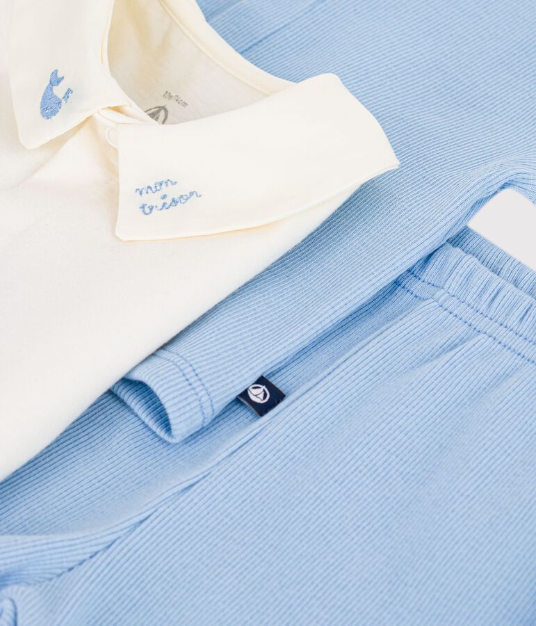 Babies' three-piece set in cotton with embroidery on the collar blue