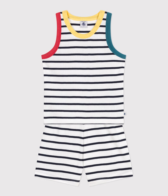 Children's short stripy tank top cotton pyjamas MARSHMALLOW white/SMOKING blue