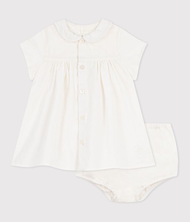 Cotton/linen baby dress with  matching bloomers, with embroidered detail white