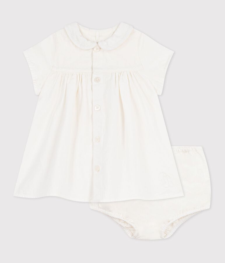 Cotton/linen baby dress with  matching bloomers, with embroidered detail MARSHMALLOW white