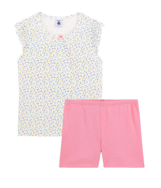 Girls' Cotton/Linen Short Pyjamas MARSHMALLOW white/MULTICO white