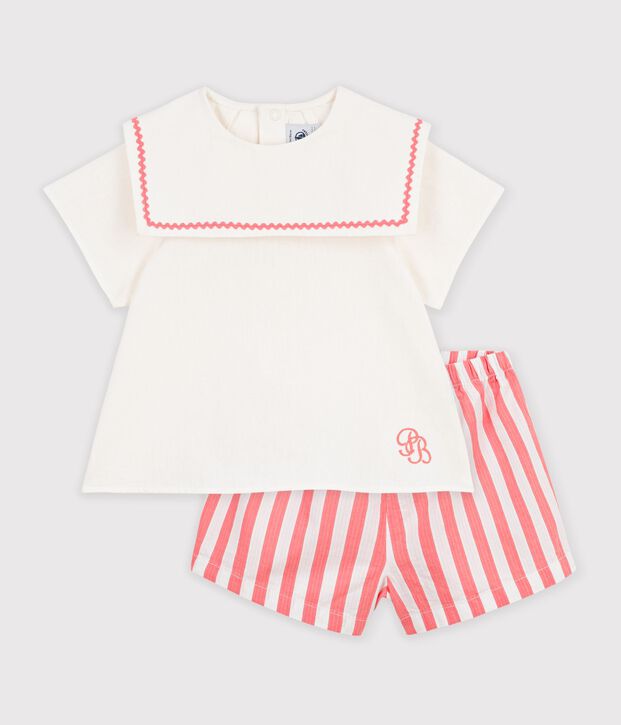 Babies' 2-piece cotton/linen outfit, with a sailor collar top pink/white