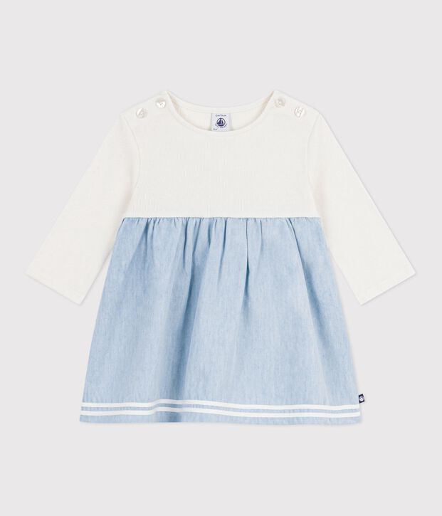 Babies' long-sleeved dress in two materials, cotton and chambray Ecru/multicolor