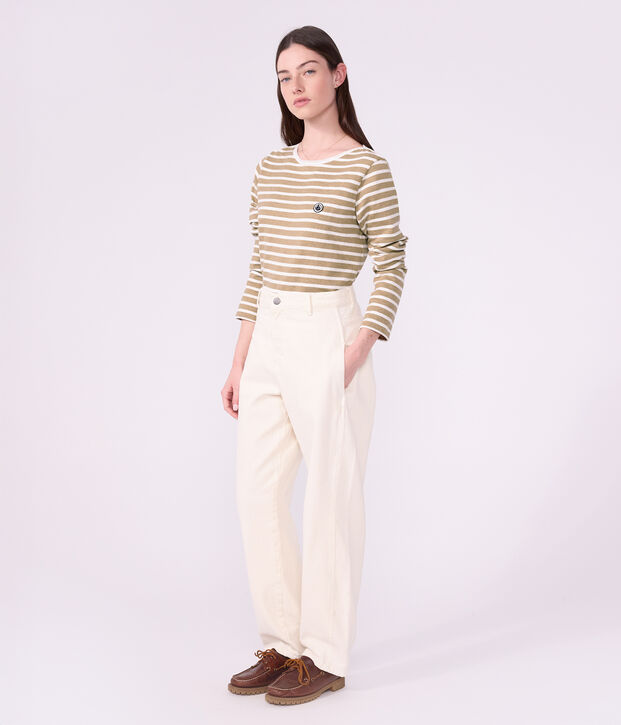 Women's long-sleeved cotton Breton top beige/white