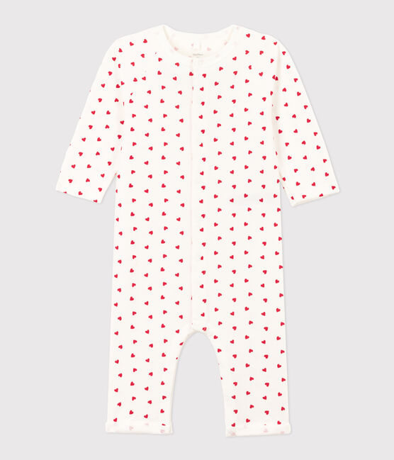 Babies' Heart Patterned Fleece Jumpsuit MARSHMALLOW white/PEPS red