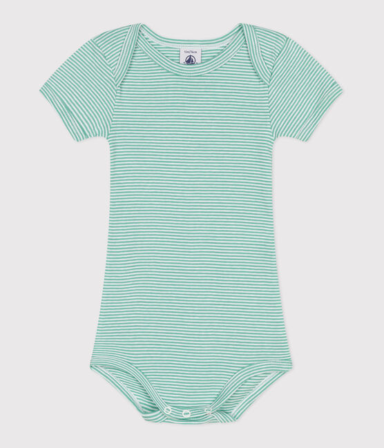 Babies' short-sleeved printed cotton body ALOEVERA green/MARSHMALLOW white