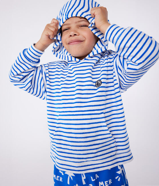 Children's unisex stripy cotton terry hoodie MARSHMALLOW blue/PORCELANA