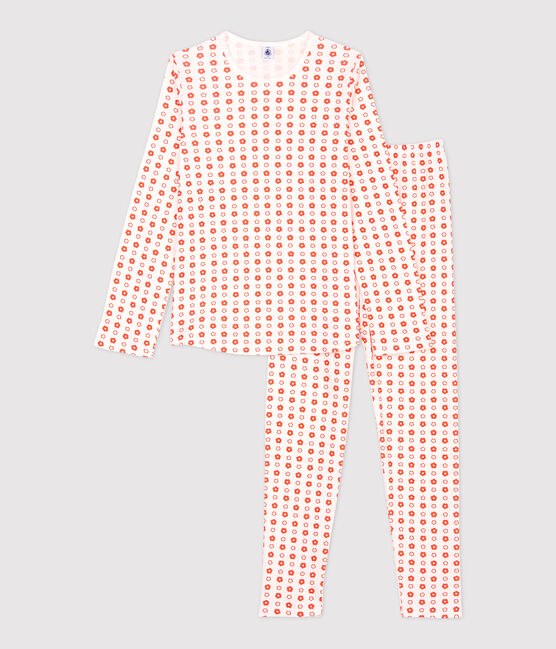Girls' Graphic Floral Print Organic Cotton Pyjamas MARSHMALLOW white/SPICY