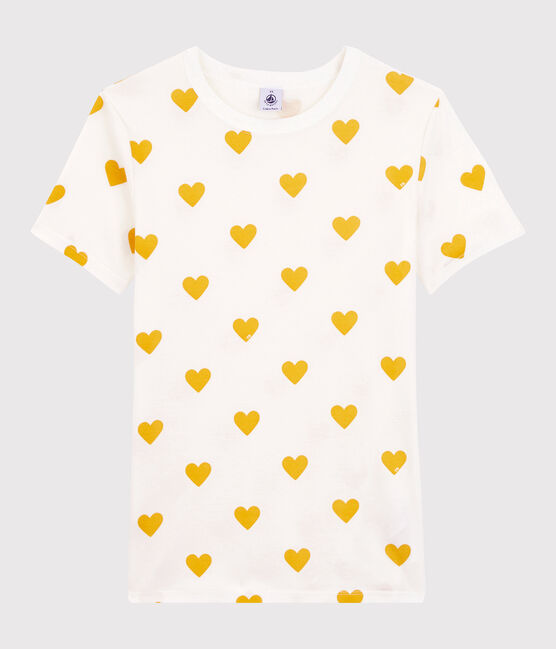 Women's Heart Round-Neck Cotton T-Shirt MARSHMALLOW white/OCRE yellow