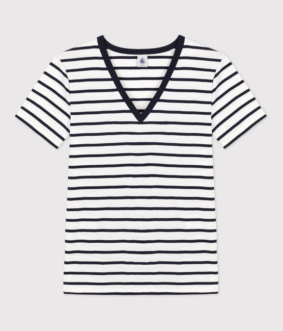 Women's Iconic Cotton V-Neck T-Shirt MARSHMALLOW white/SMOKING blue