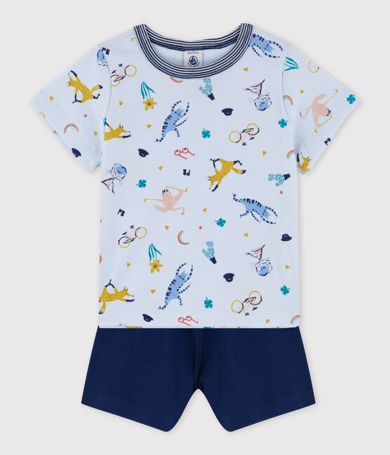 Boys' Yoga Animal Pattern Short Cotton Pyjamas FRAICHEUR blue/MULTICO white