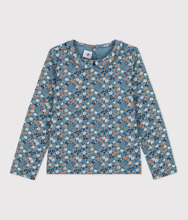 Girls' Long-Sleeved Floral Cotton T-Shirt blue/multicolor