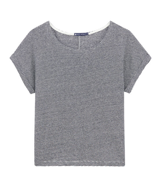 Women's flowing linen tee with milleraies stripes SMOKING blue/LAIT white