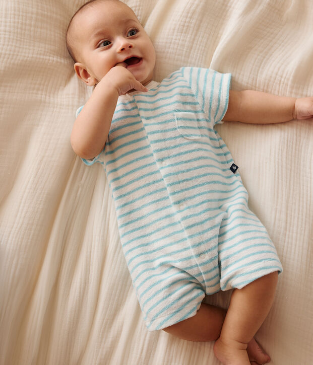 Babies' stripy cotton terry playsuit blue/blue