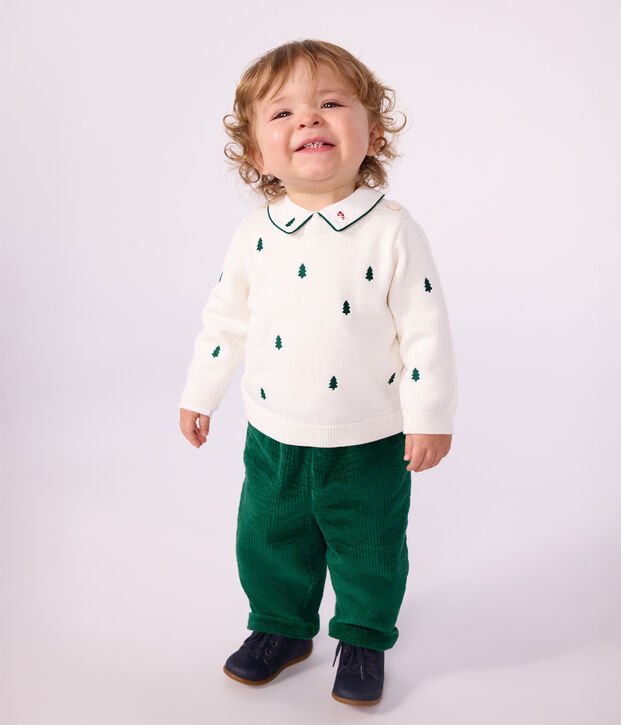 Babies' jumper in wool and cotton with embroidered bunny rabbits Ecru/green
