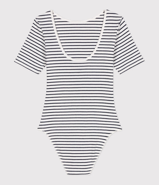 Women's short-sleeved stripy body in cotton and elastane MARSHMALLOW white/SMOKING blue