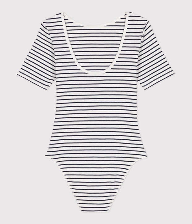 Women's short-sleeved stripy body in cotton and elastane white/blue