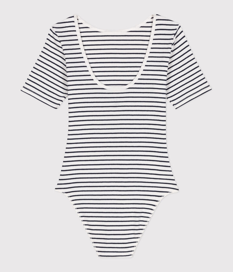 Women's short-sleeved stripy body in cotton and elastane white/blue