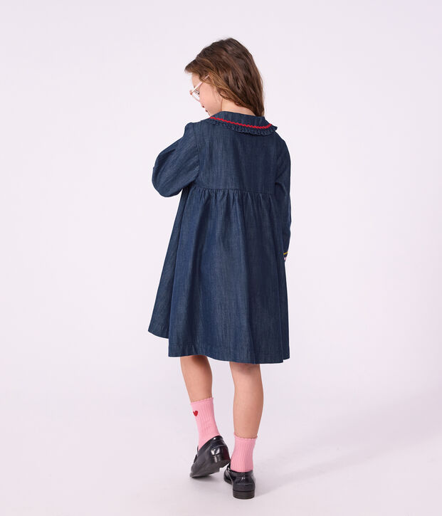 Children's plain, long-sleeved denim dress blue