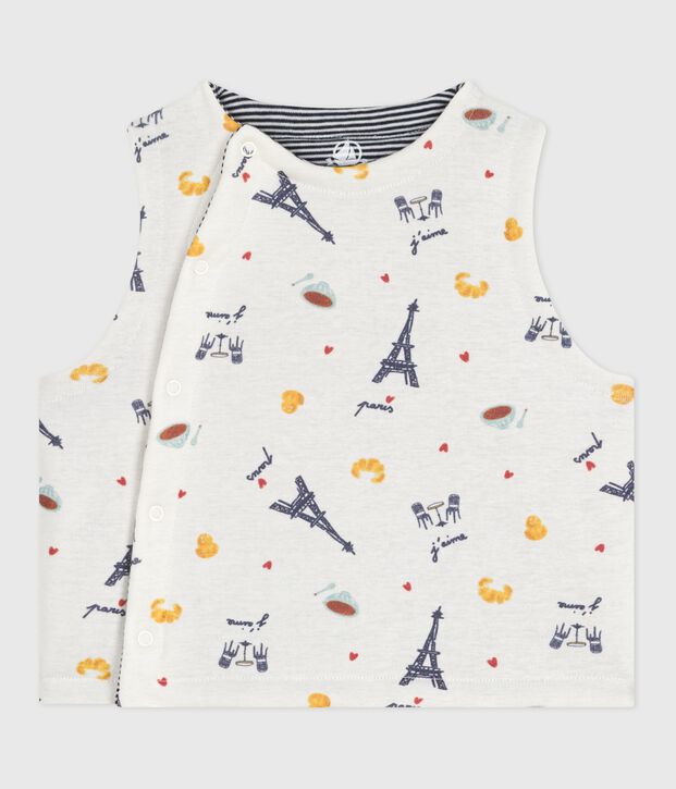 Babies' sleeveless reversible printed cotton cardigan white/blue