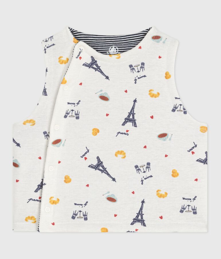 Babies' sleeveless reversible printed cotton cardigan white/blue