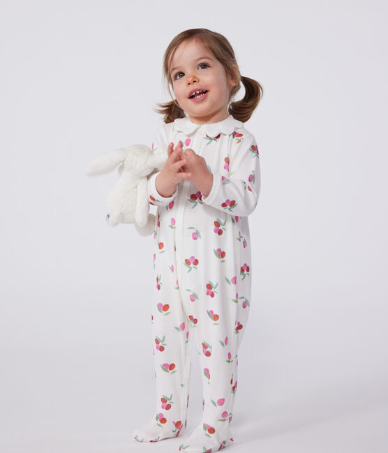 Babies' cotton pyjamas with a fruit pattern petal collar MARSHMALLOW white/MULTICO white