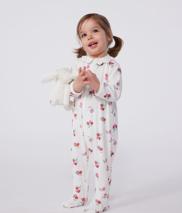 Babies' cotton pyjamas with a fruit pattern petal collar white/multicolor