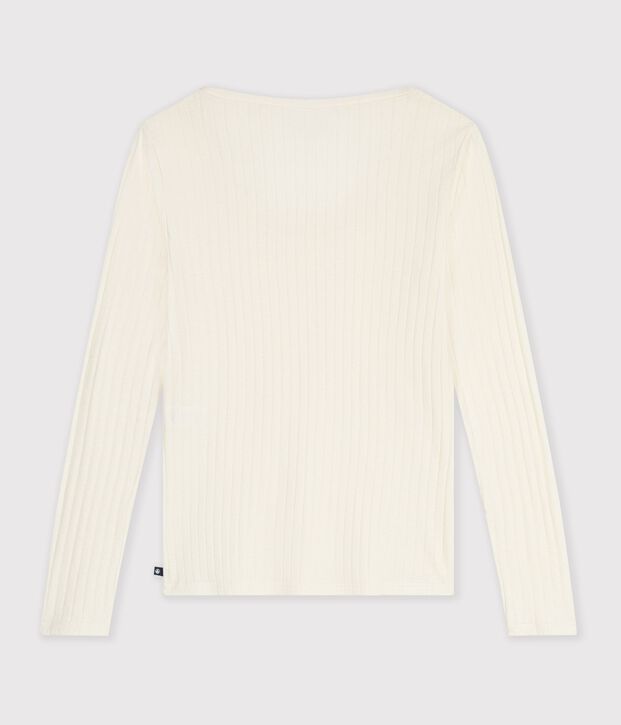 Women's plain wool and cotton t-shirt with wide boat neck MILK