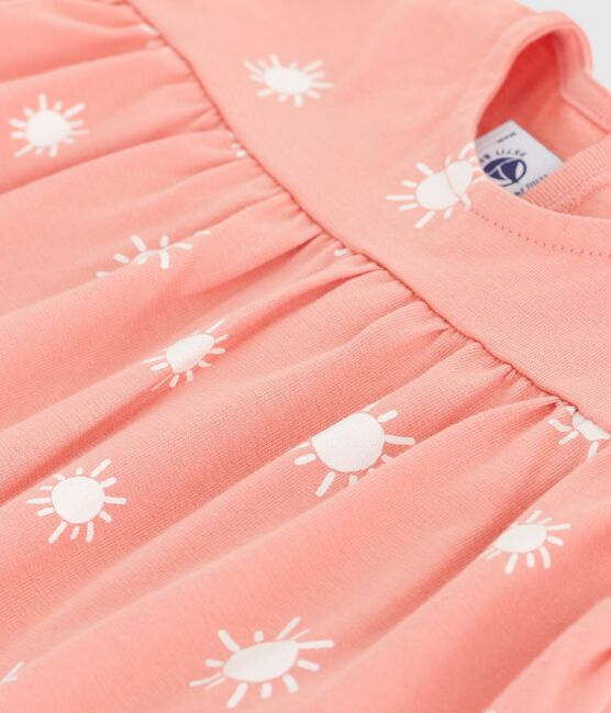 Babies' short-sleeved sun print cotton blouse ABRICOT orange/MARSHMALLOW