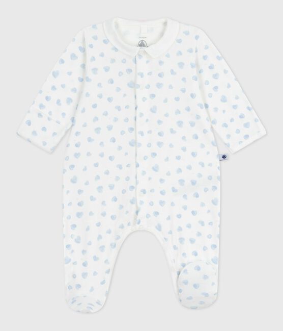 Babies' heart-print cotton pyjama suit with a collar MARSHMALLOW /ADRIATIC