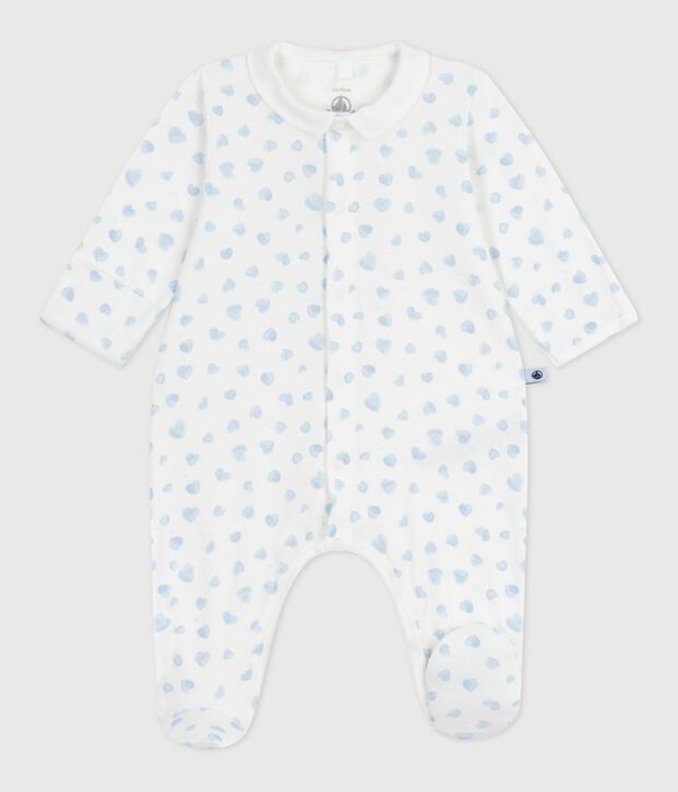 Babies' heart-print cotton pyjama suit with a collar white/blue