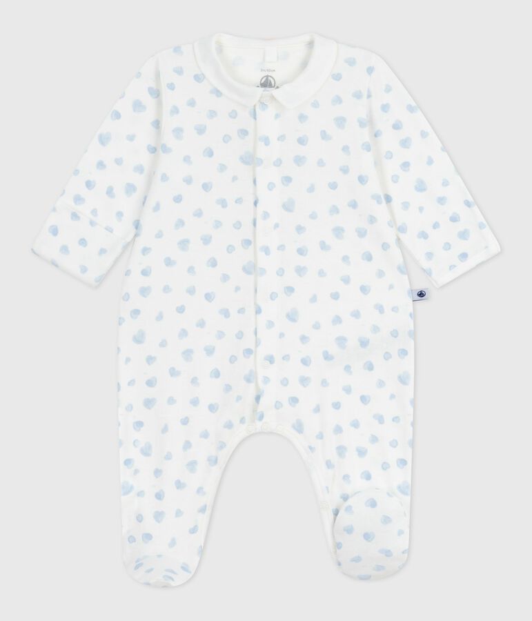 Babies' heart-print cotton pyjama suit with a collar white/blue