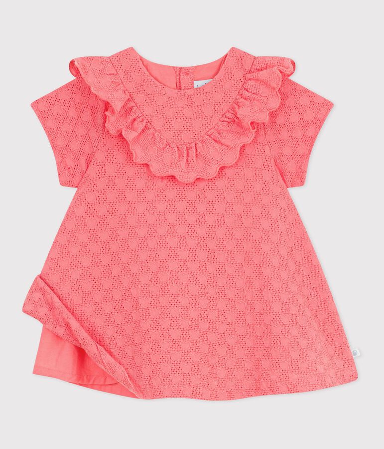 Babies' dress in broderie anglaise with short sleeves and a hearts motif pink