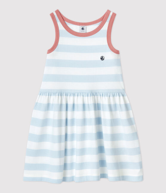 Girls' Sleeveless Stripy Cotton Dress PLEINAIR /MARSHMALLOW