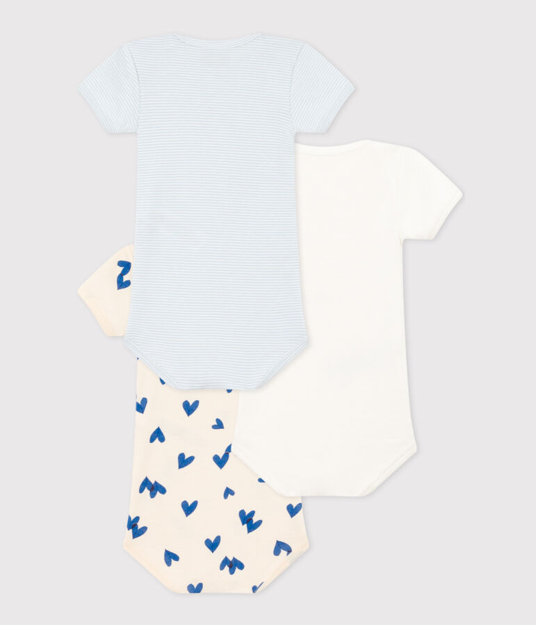 Babies' Blue Heart Patterned Short-Sleeved Cotton Bodysuits - 3-Pack multicolor