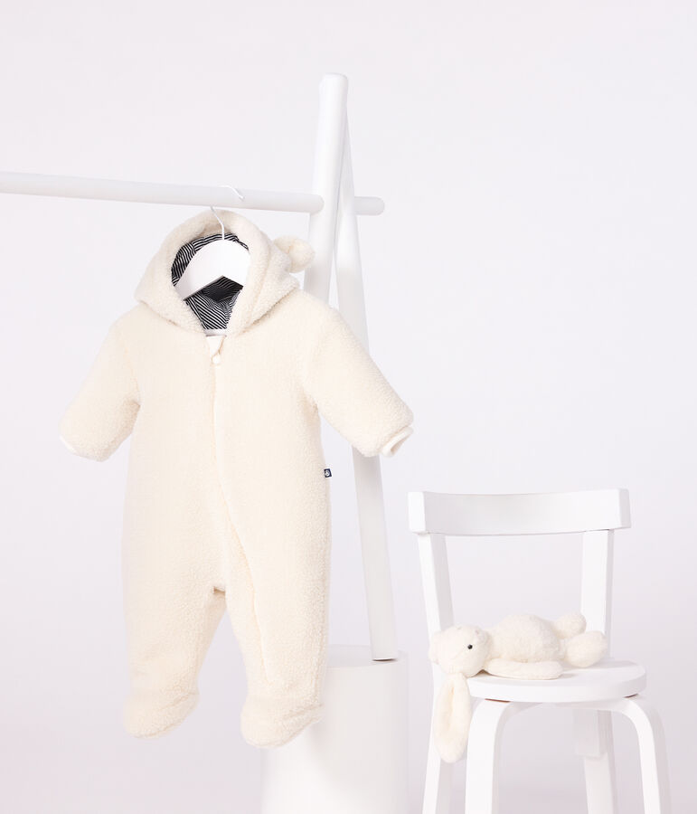 Babies' sherpa snowsuit with ears and a pinstriped lining Ecru