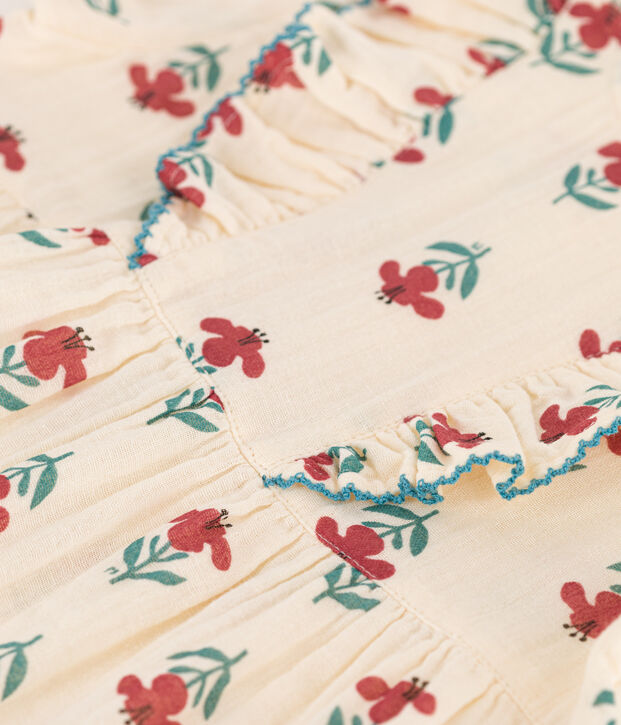 Babies' Short-Sleeved Cotton Gauze Patterned Dress Ecru/multicolor