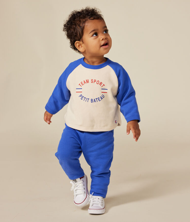 Babies' fleece sweatshirt Ecru/blue