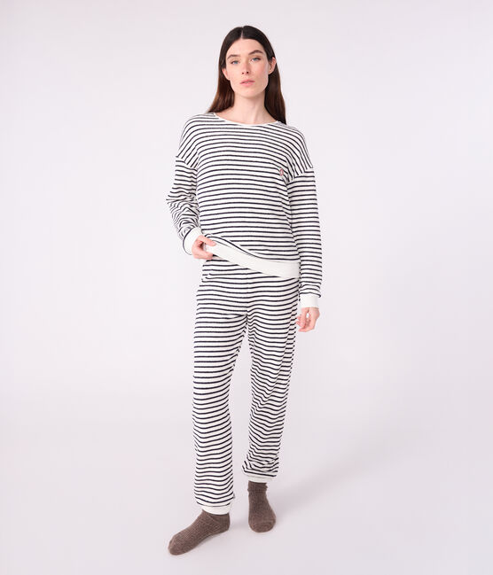 Women's stripy cotton terry pyjamas MILK blue/SOIR