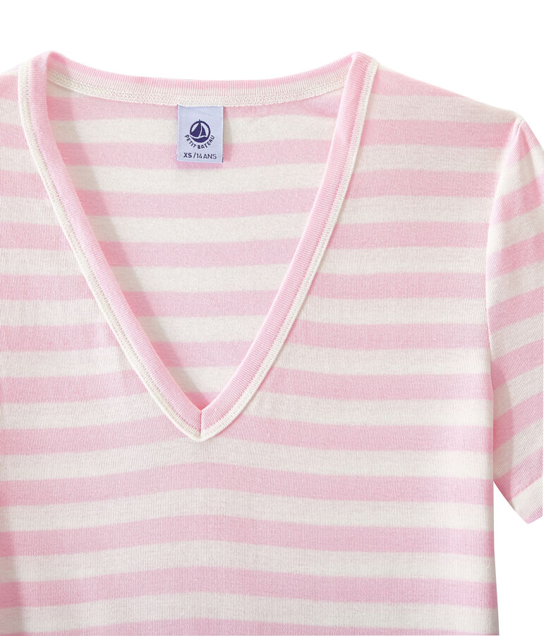 Women's striped original rib V-neck T-shirt pink/white