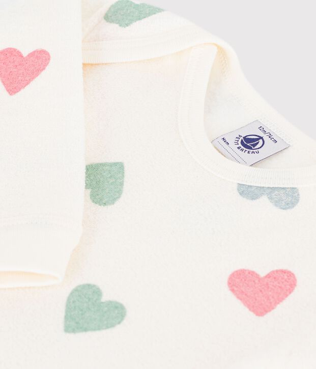 Babies' heart-print popper-free cotton terry pyjama suit Ecru/multicolor