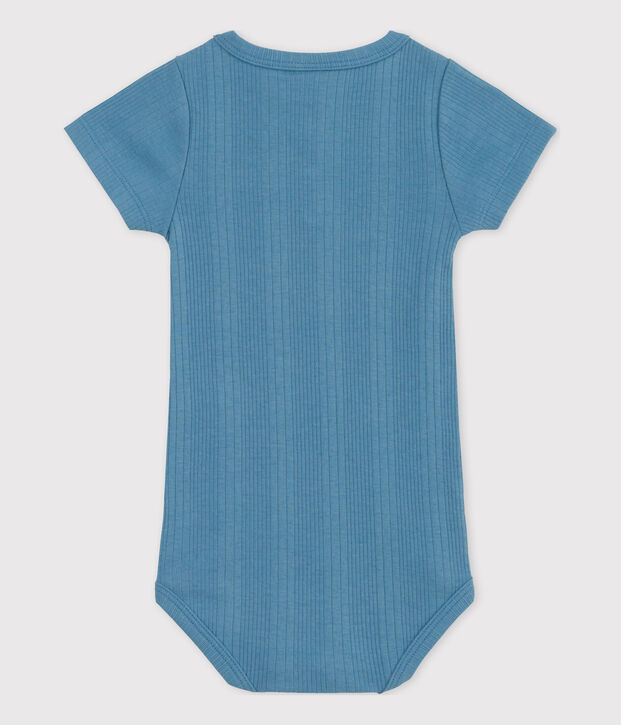 Babies' Short-Sleeved Cotton Bodysuit With Henley Neck blue
