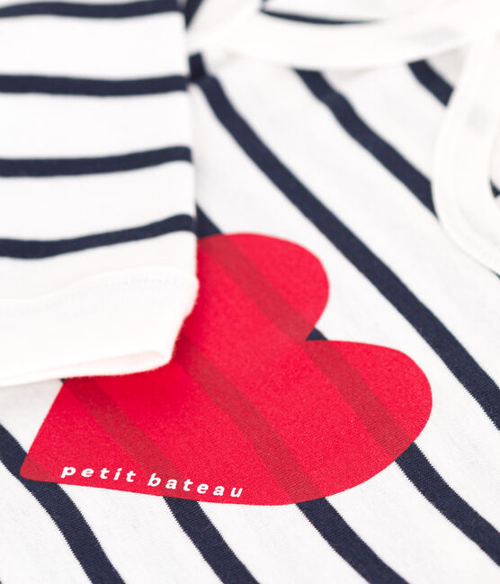 Babies' heart pattern popper-free cotton pyjamas MARSHMALLOW white/SMOKING blue