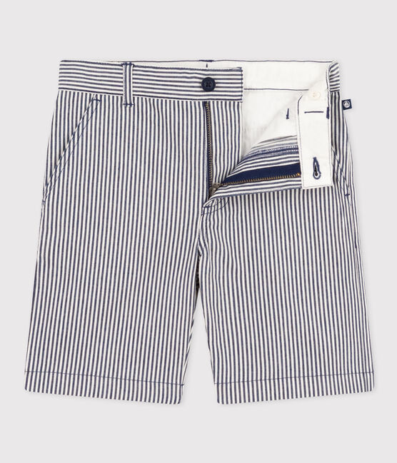 Boys' Stripy Cotton Bermuda Shorts MEDIEVAL blue/MARSHMALLOW white