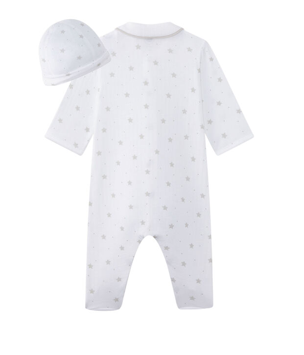 Baby's unisex sleepsuit and its newborn hat white/brown